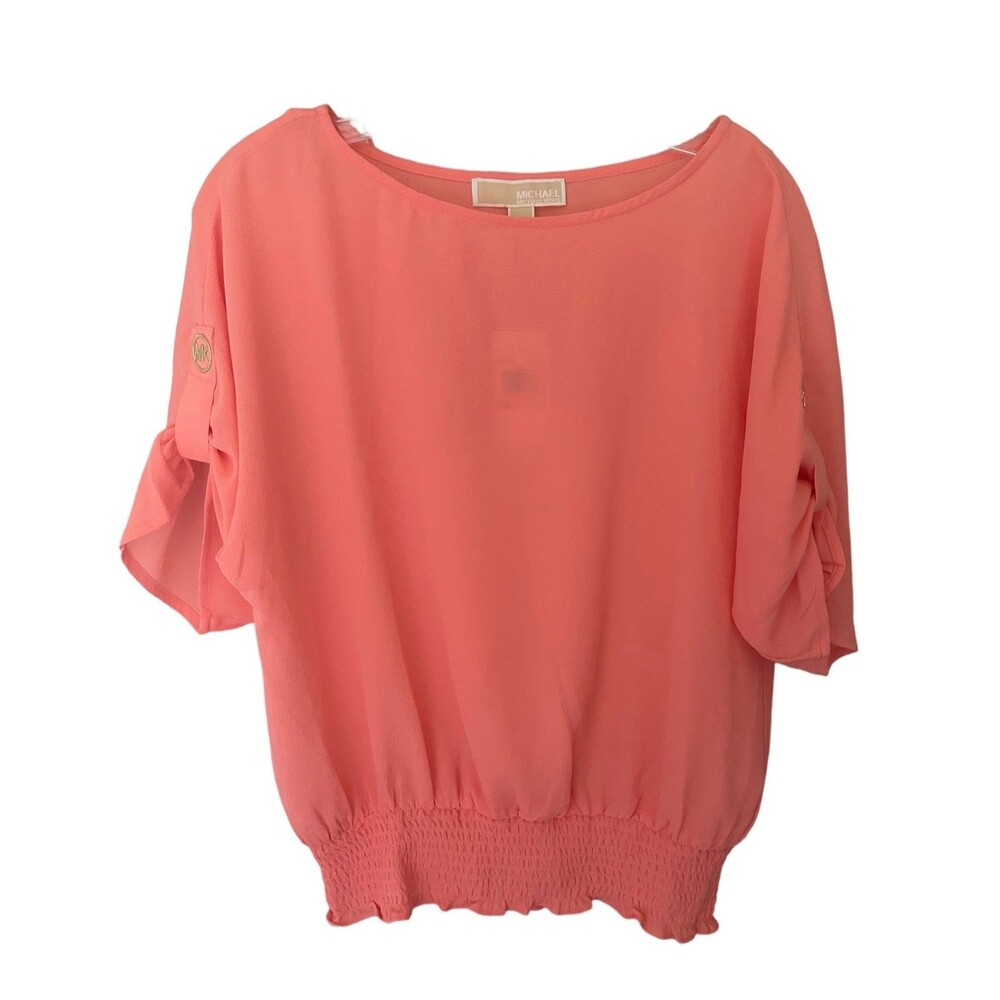 NWT Michael Kors Womens Blouse Small Coral Sheer Smoked Botton Short Sleeve
